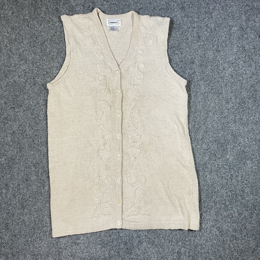 Vintage Crochet Cardigan Sweater Size Medium Beige Silk Cotton Sleeveless Floral